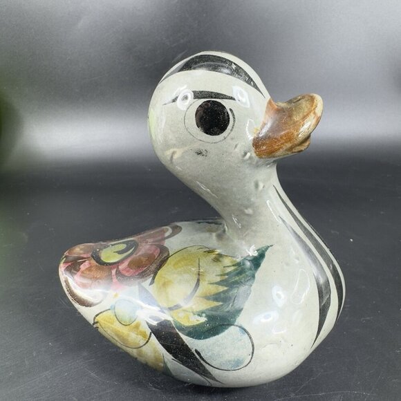 Vintage Mexico Pottery Tonala Hand Painted Duck Bird Figurine Marked Whimsical - Picture 11 of 13